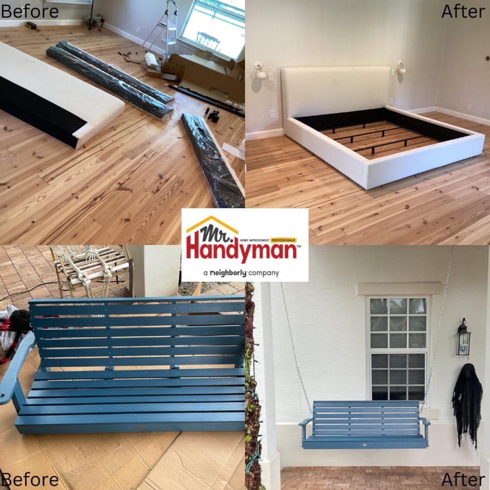 Assembled bed frame and hung outdoor patio swing.