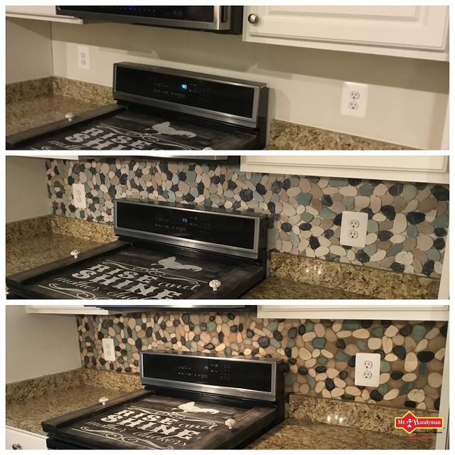 Rock backsplash in kitchen before and after.