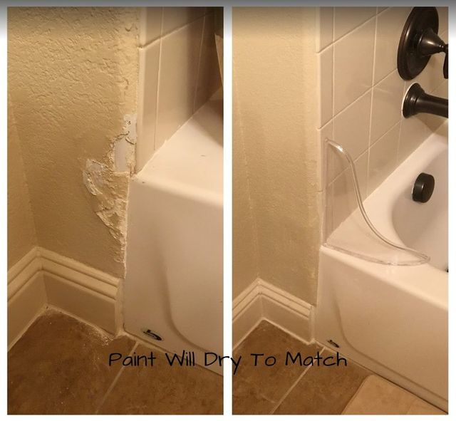 Bathroom drywall repair around tub before and after.