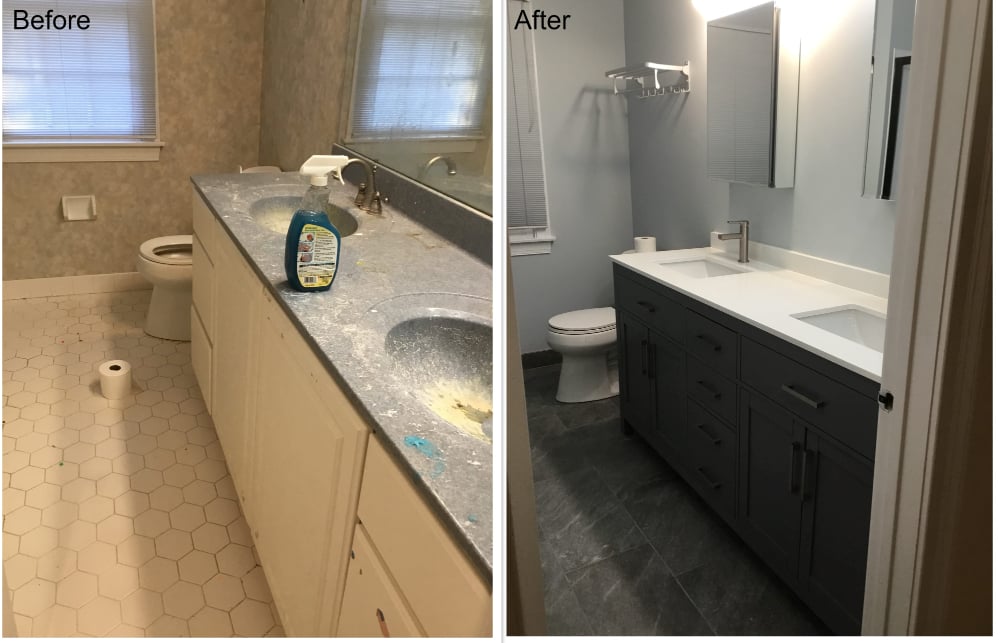 Before: Bathroom before remodel. After: Same area with new cabinets, flooring, countertop, mirror, toilet and paintcountertop and sink.