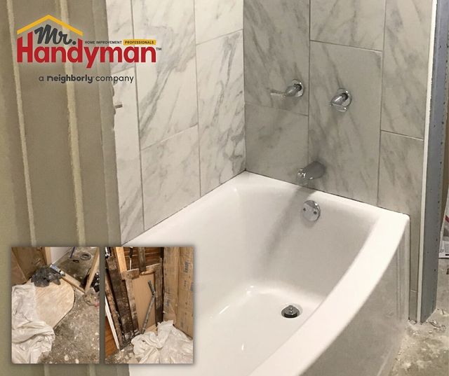 Before and after a bathroom remodel with the bath and shower as the focus.