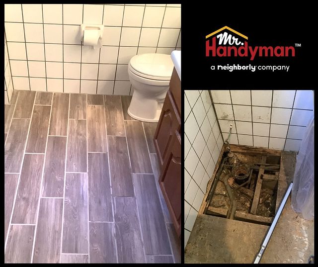 Before and after photos of a bathroom remodel, especially the floor tile and toilet.