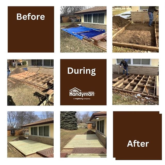Before, during, and after wood patio being built