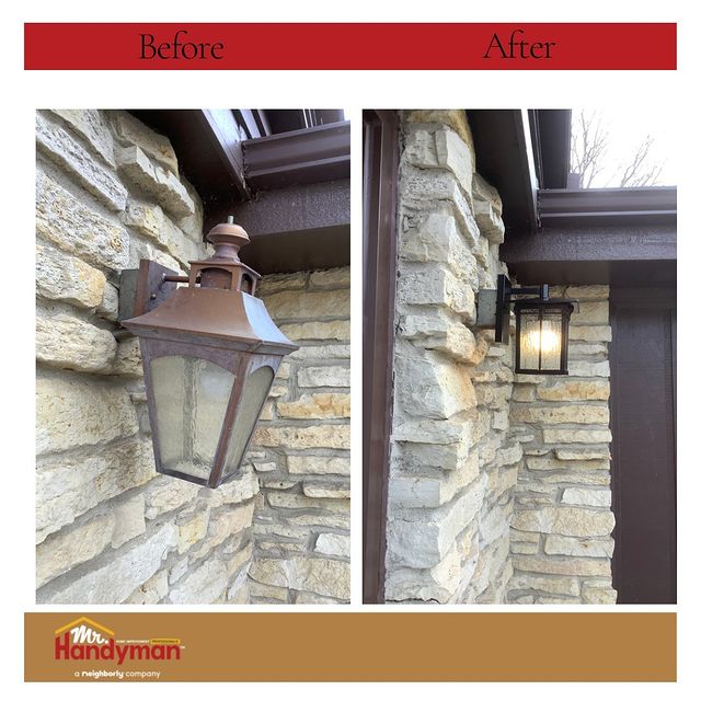 Before and after a wall outdoor lighting fixture was updated