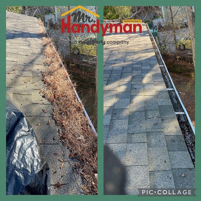 Before and after a gutter cleaning from pine needles