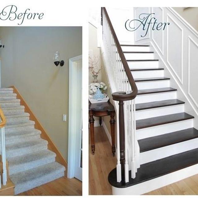 Before and after of a white and brown stairwell.