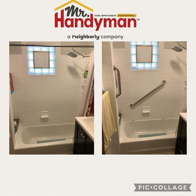 Before and after photos of a grab bar installation in a shower