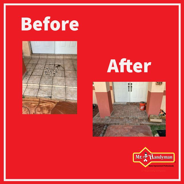Before and after of broken entry tile repair.