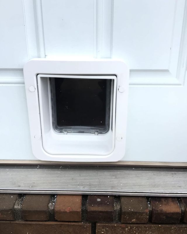 Cat door installation in white door.