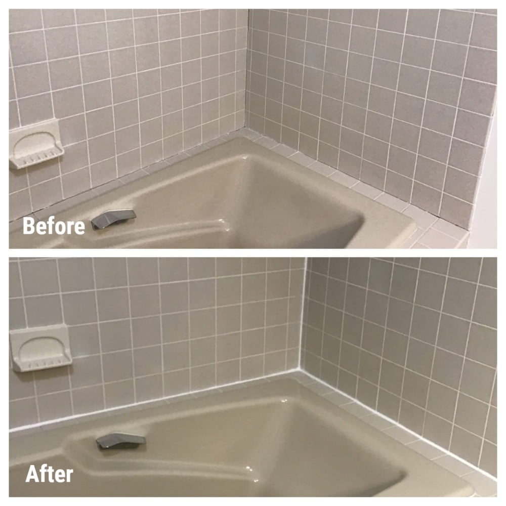 Before: Tub wit hold caulking that needs to be replaced. After: Same area with new caulk installed.