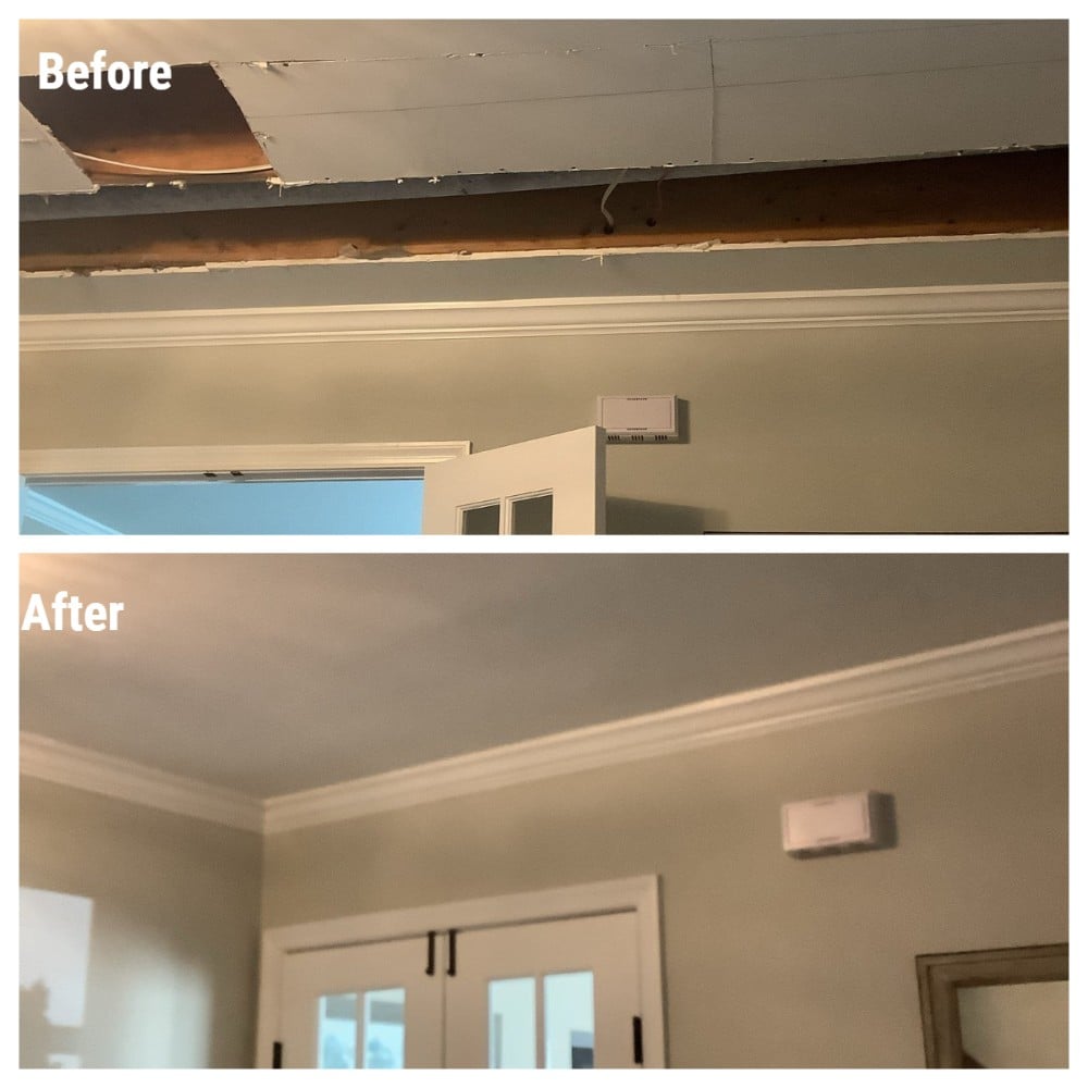 Ceiling damage repaired new drywall finished