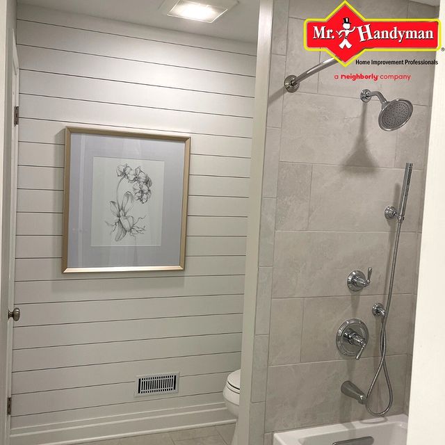 Shiplap accent wall in a bathroom.