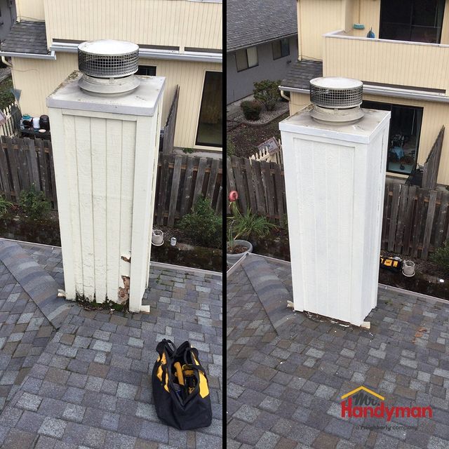 Before and after photos of a repairing project of a chimney