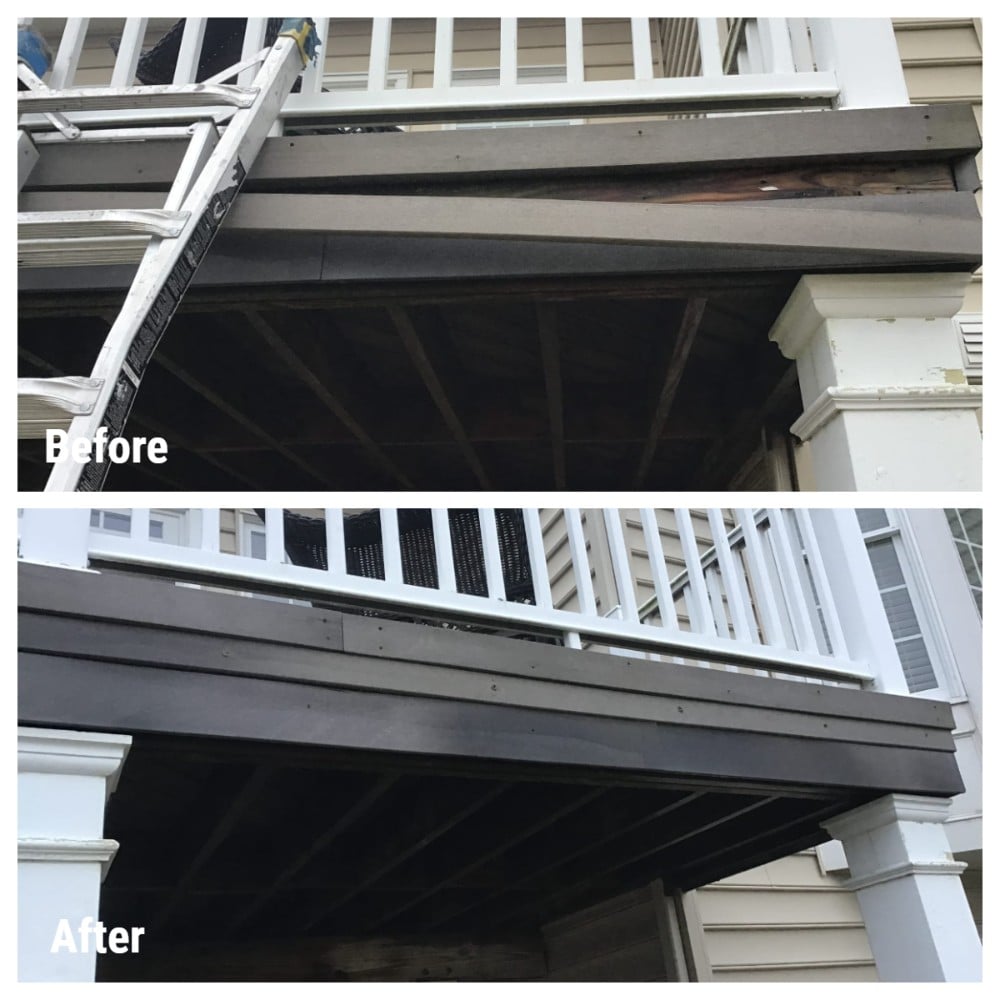 Before: Elevated deck with board sagging. After: Same area with new board affixed in placeand sink.