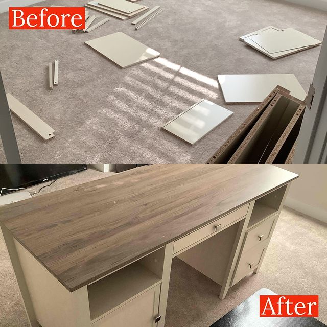 Desk assembly before and after.