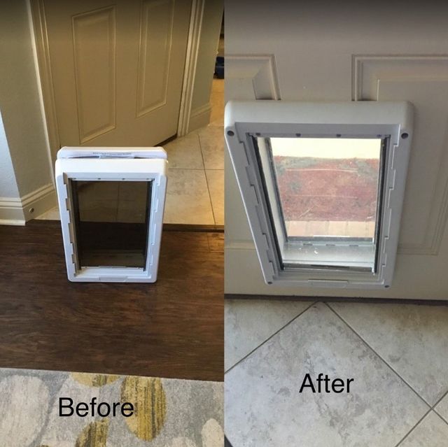 Animal door installation before and after.