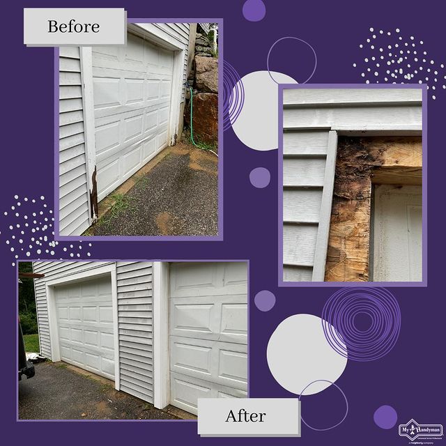 Before, during, and after garage door trim repairs with white trim on a white house