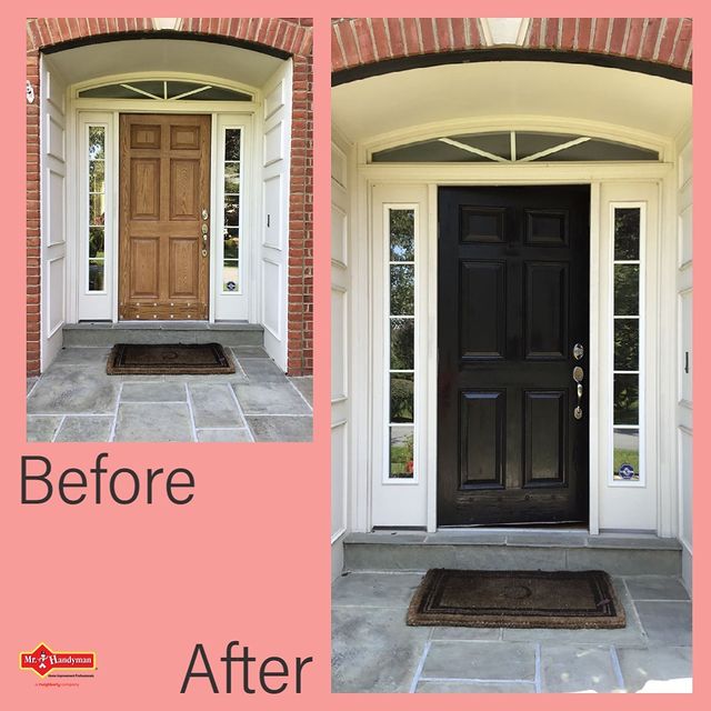 Before and after of front door painted black.