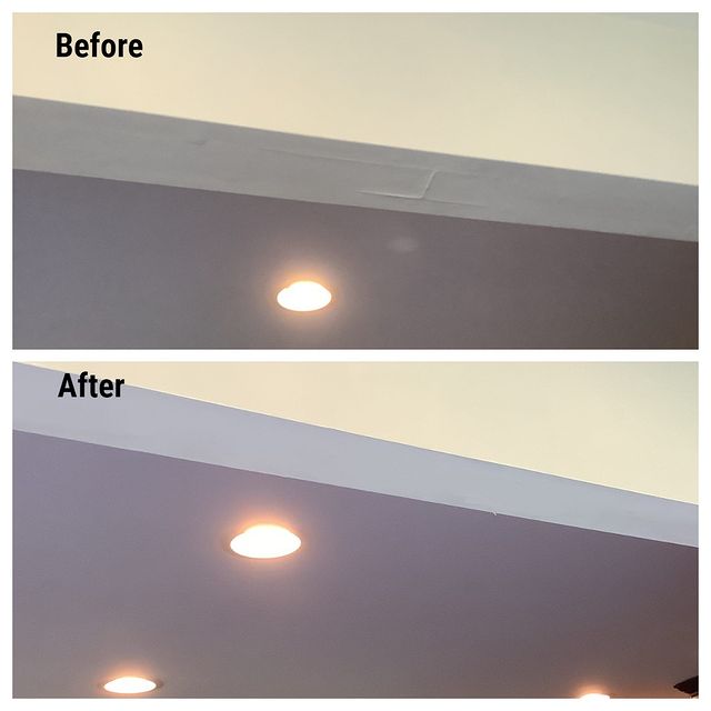 RAt top damaged drywall - at bottom repaired drywall