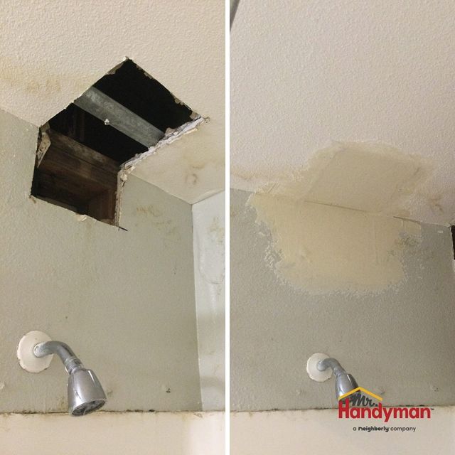 Before and after a hole in the drywall ceiling and wall was replaced
