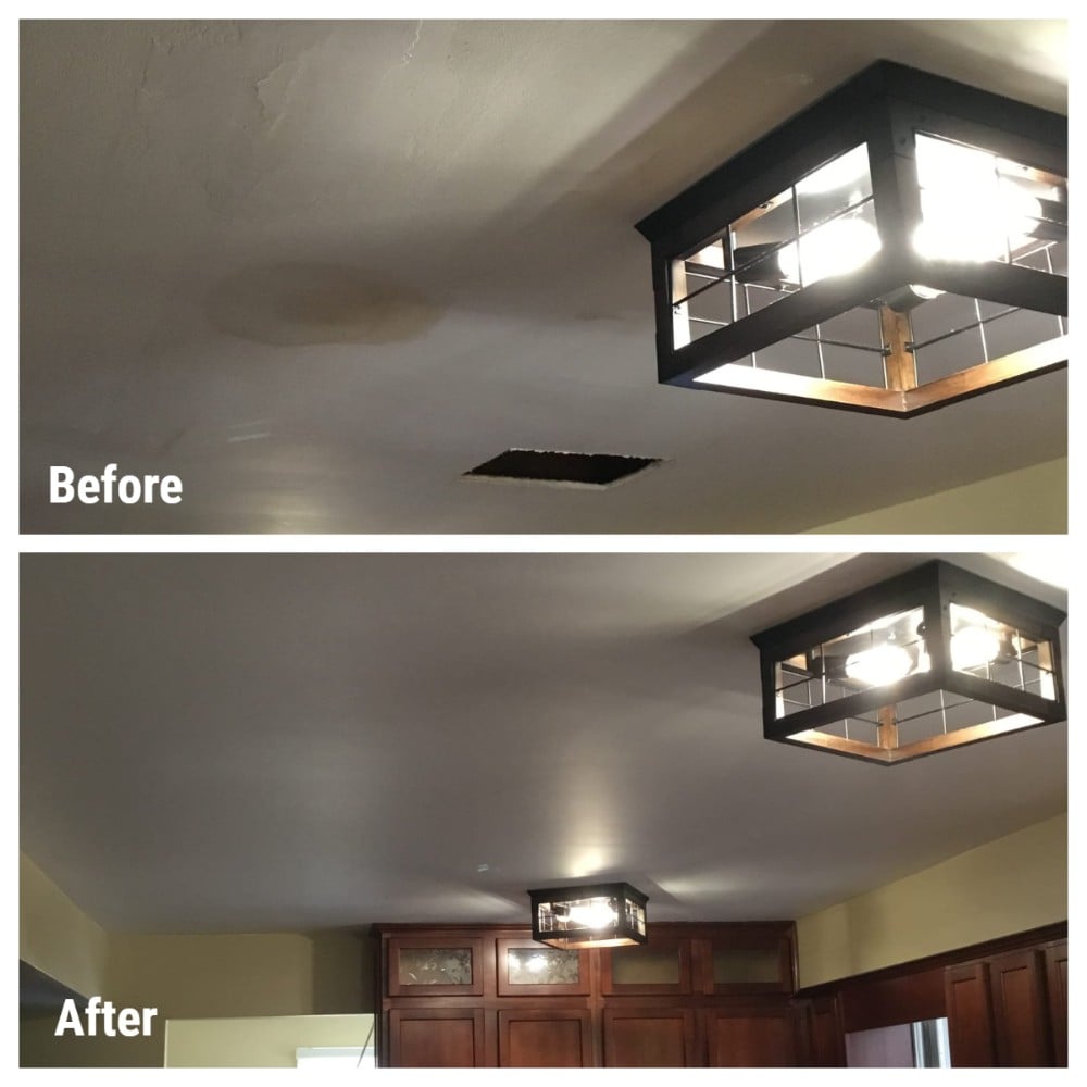 Before: Ceiling with hole where drywall is missing. After: Same area with new drywall installed and finished, and spot painted.