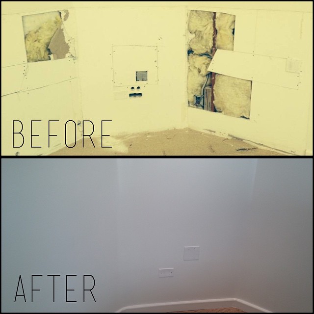 Before and after drywall repair.