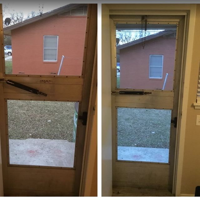 Wooden exterior door before and after.