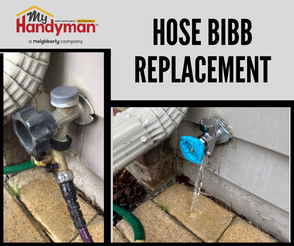 Before and after photos illustrating the replacement of a hose bibb. The 'before' image displays the old hose bibb, showing signs of rust, wear, and leakage, indicating its age and malfunction. The surrounding wall area also appears damp and stained, a testament to the prolonged exposure to water. The 'after' photo reveals a new, modern hose bibb in place, securely mounted with no visible leaks or damage. The area around the installation is clean and dry, reflecting the successful replacement an