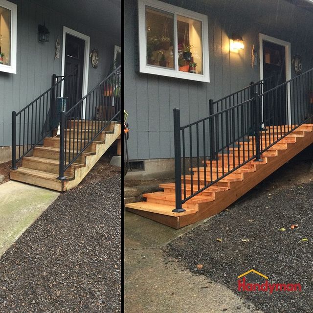 Before and after of the rebuilding of the front porch stairs