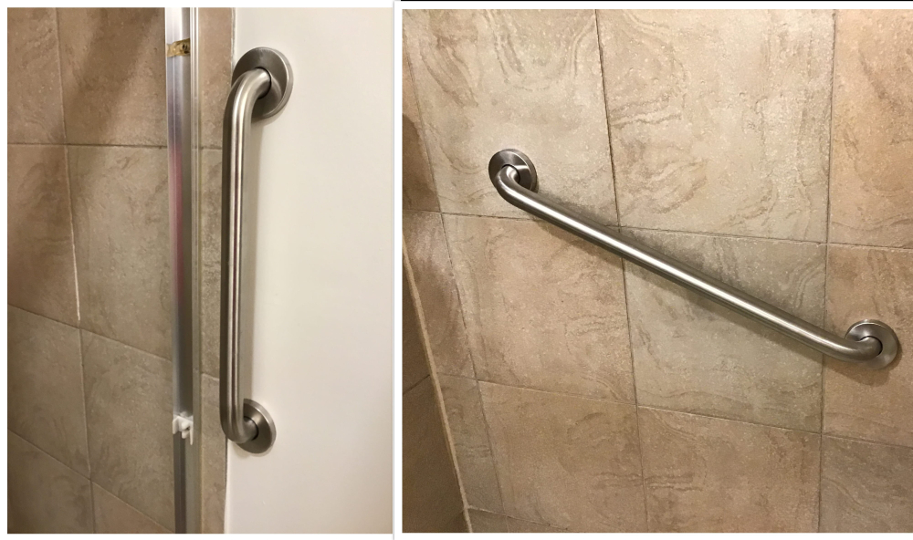 Pictures of grab bars installed in bathroom, vertical one on left and diagonal one on right