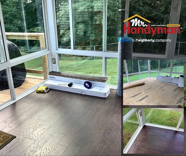 Hardwood flooring installation on an enclosed porch.