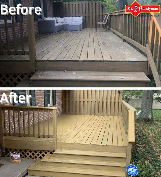 before and after of a deck that's been sanded and stained