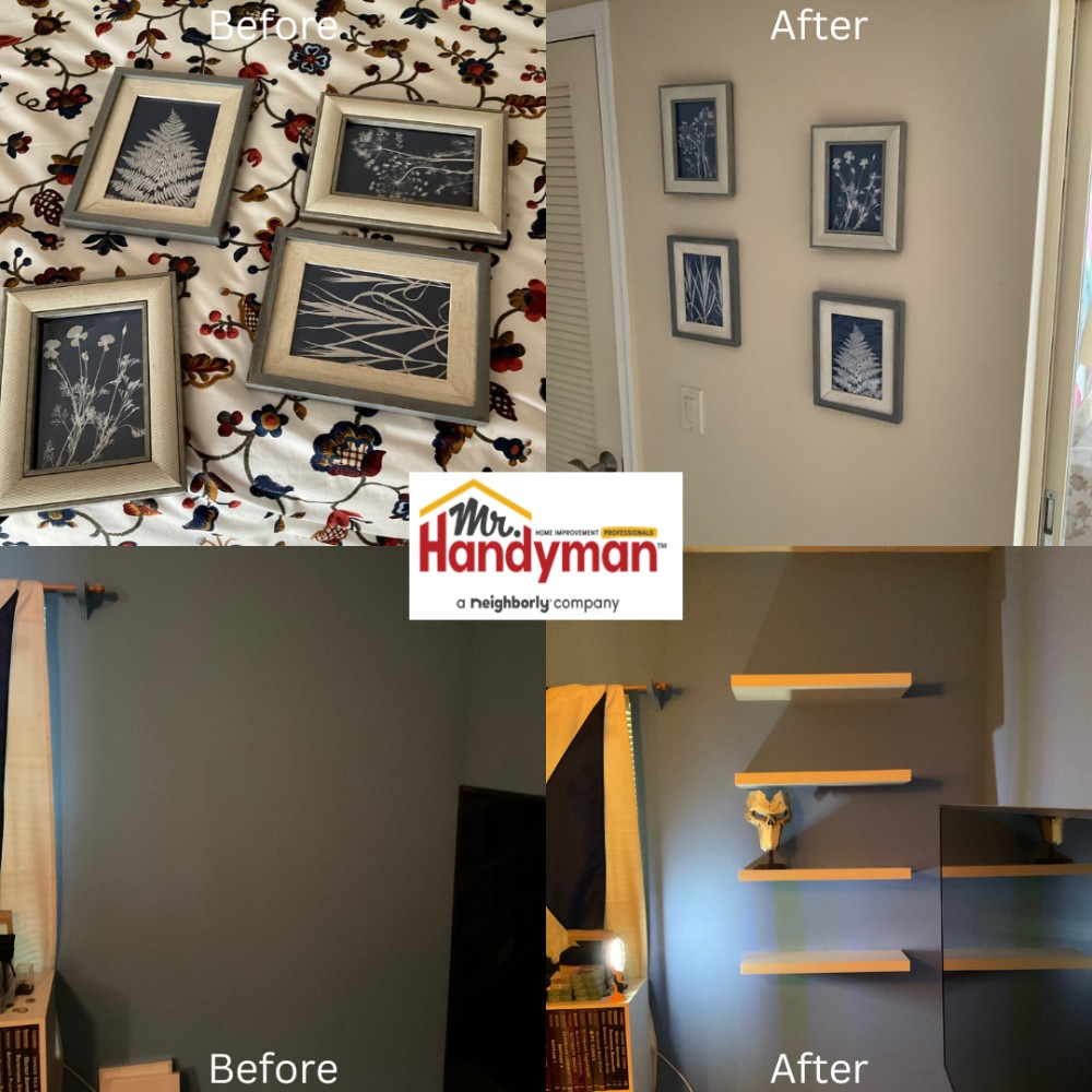 Hung pictures and shelving.
