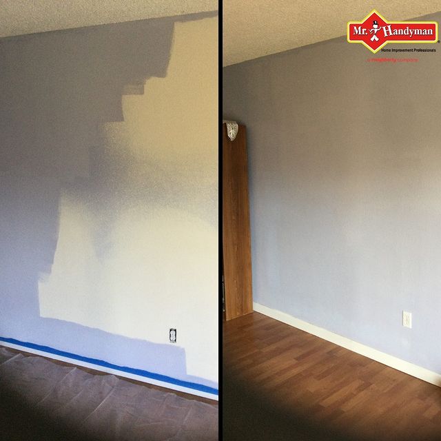 During and after of a light blue/grey indoor wall paint job