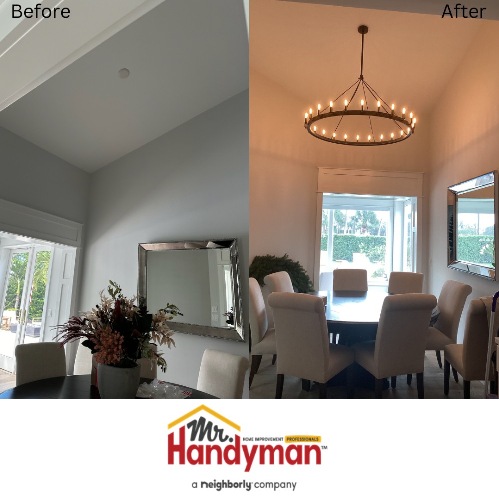 Install of a new chandelier in the dining room.