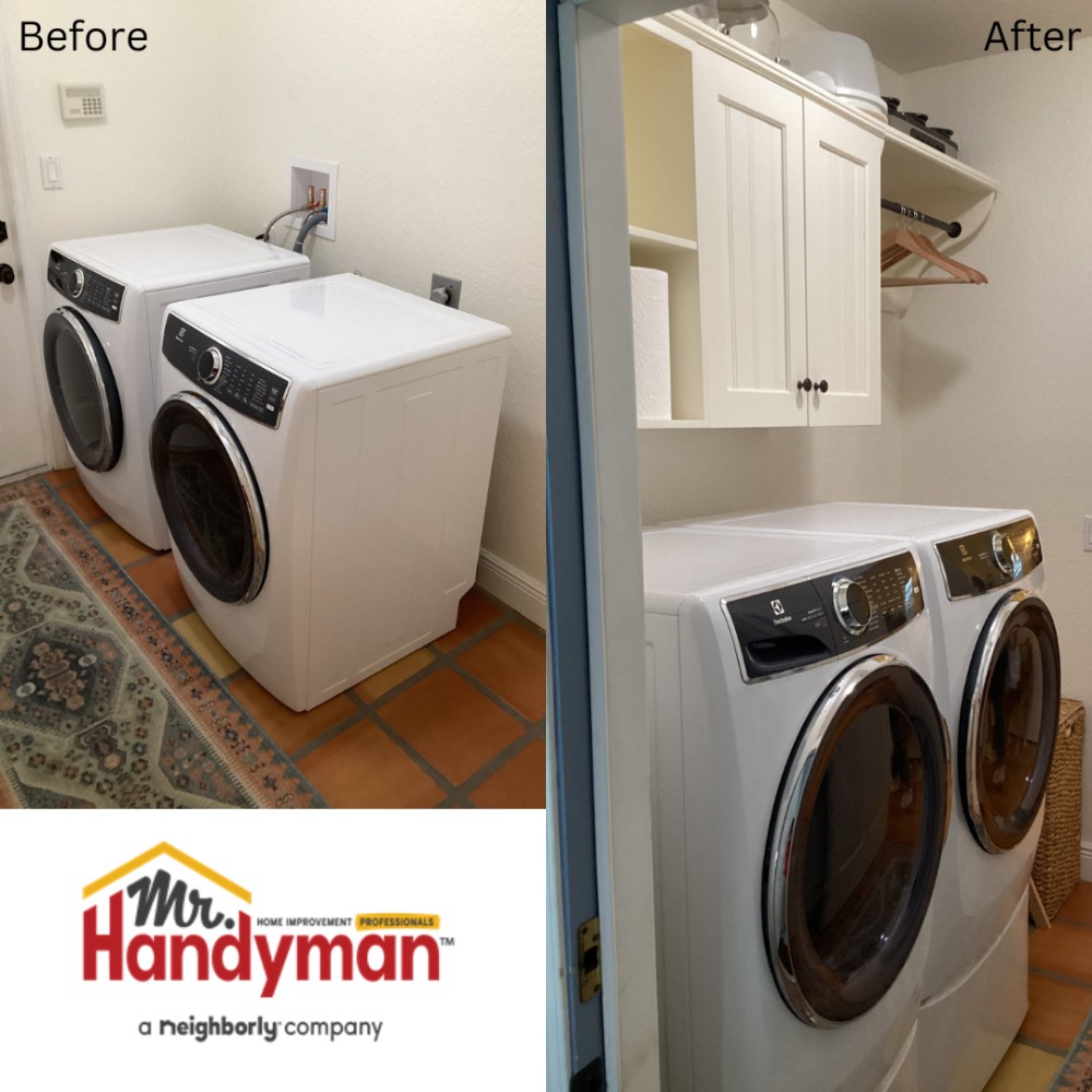 Installed cabinets in laundry room.