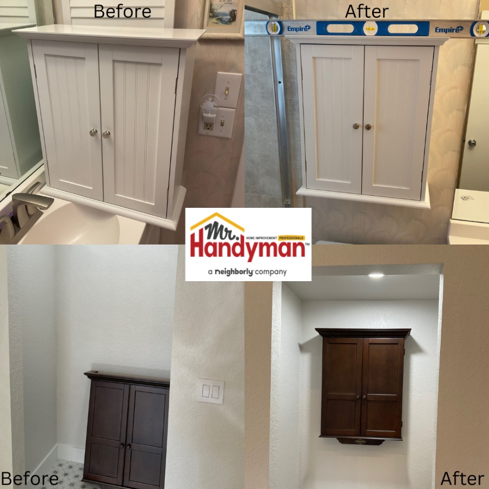 Installed cabinets on bathroom wall.