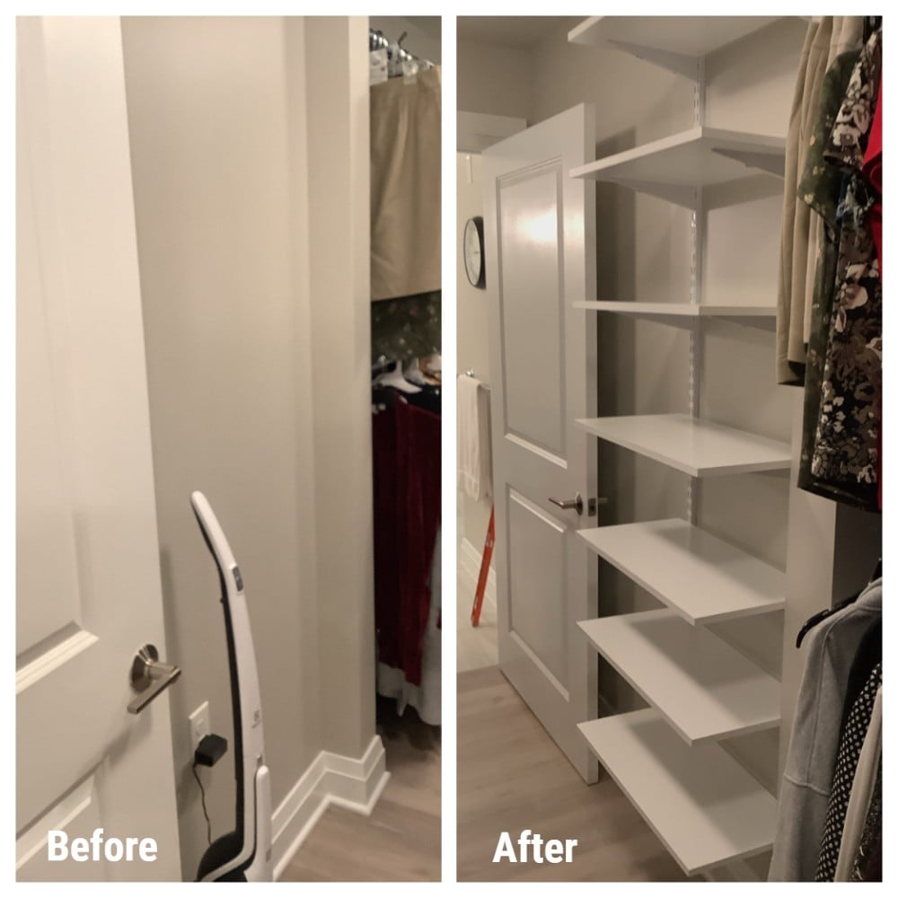 Before: Closet without shelving. After: Same area with new closet shelving installed on wall