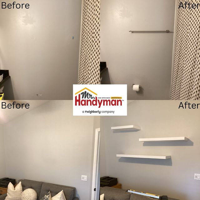 Installed floating shelves and towel bar.