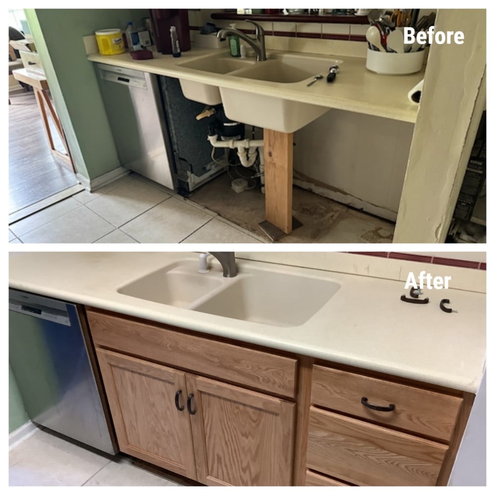 Before: Countertop and sink without cabinets. After: Same area with new cabinets installed beneath the countertop and sink.