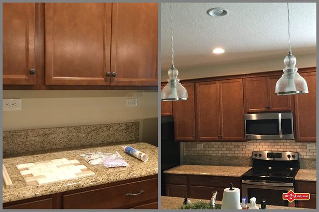 Installation of back splash in a kitchen.