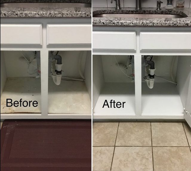 White kitchen sink plumbing before and after.