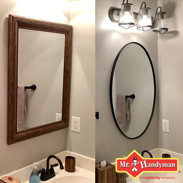 Renovated bathroom mirror upgrade and lighting done