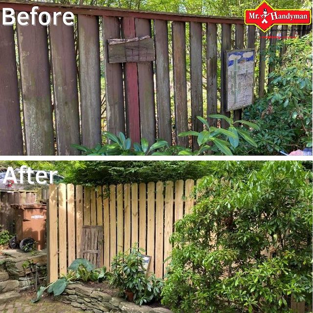 Before and after of an old fence replaced by a new one.