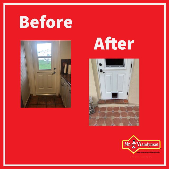 Before and after of pet door in door.