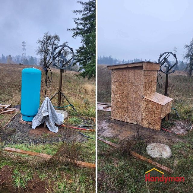 Before and after photos of a covered an outdoor pump job.