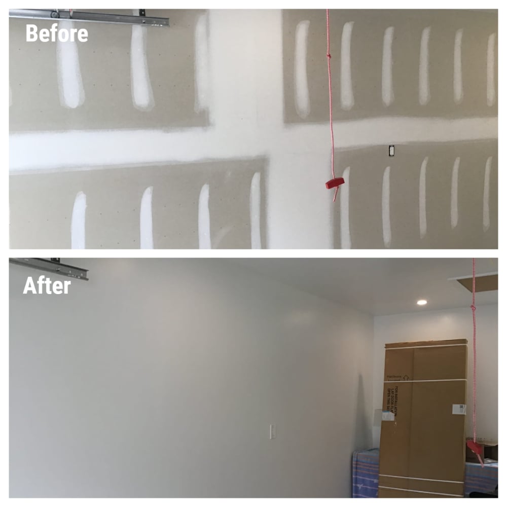 Before: Unpainted, paint-ready drywall in a garage. After: Same garage with finished, painted walls.