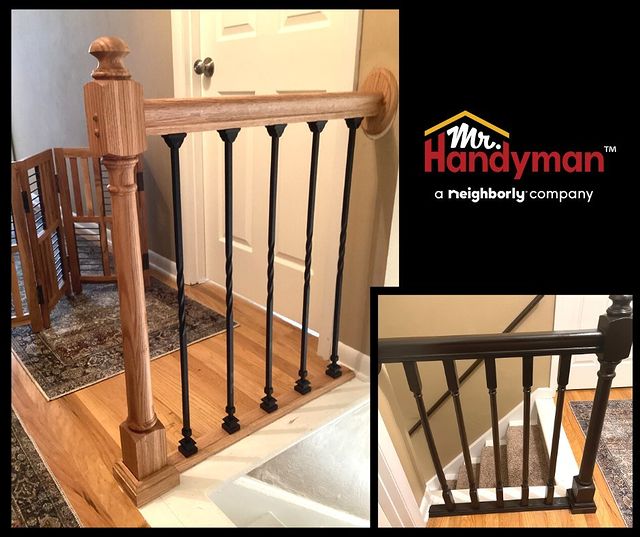 Before and after photos of a painted railing