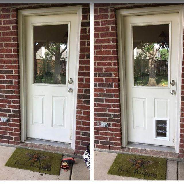 White exterior door with pet entrance.