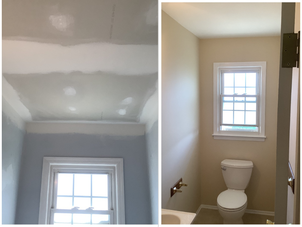 On left powder room before painting - on right powder room after